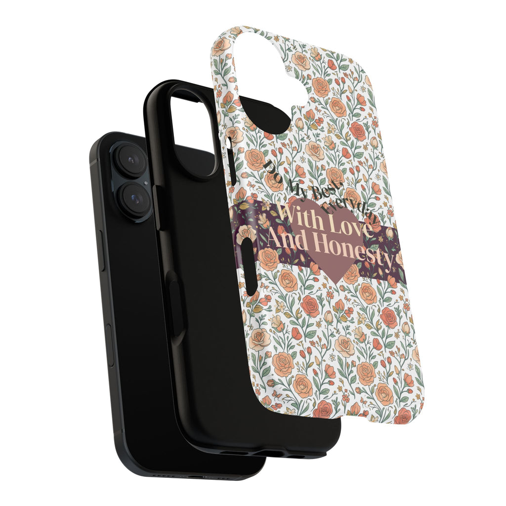 With Love And Honesty phone case | floral rose pattern, heart banner