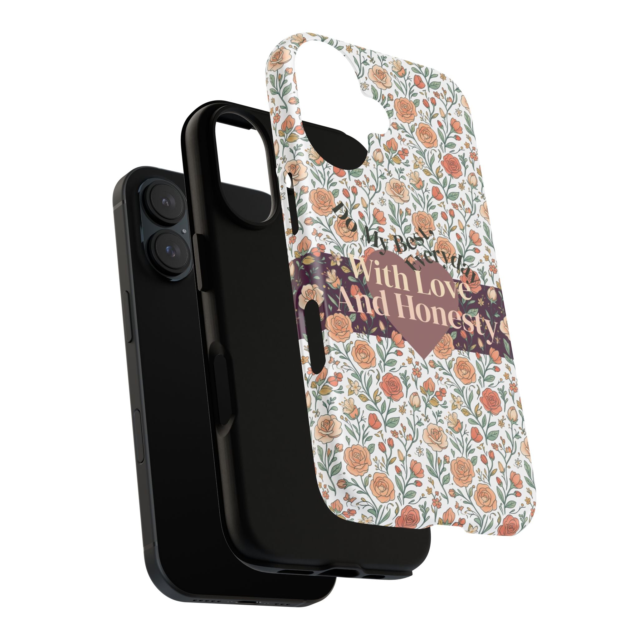 With Love And Honesty phone case | floral rose pattern, heart banner