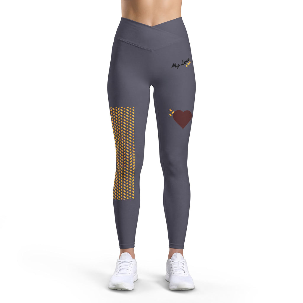 Heart Patch Pattern Leggings | Grey leggings with brown heart and honeycomb panel