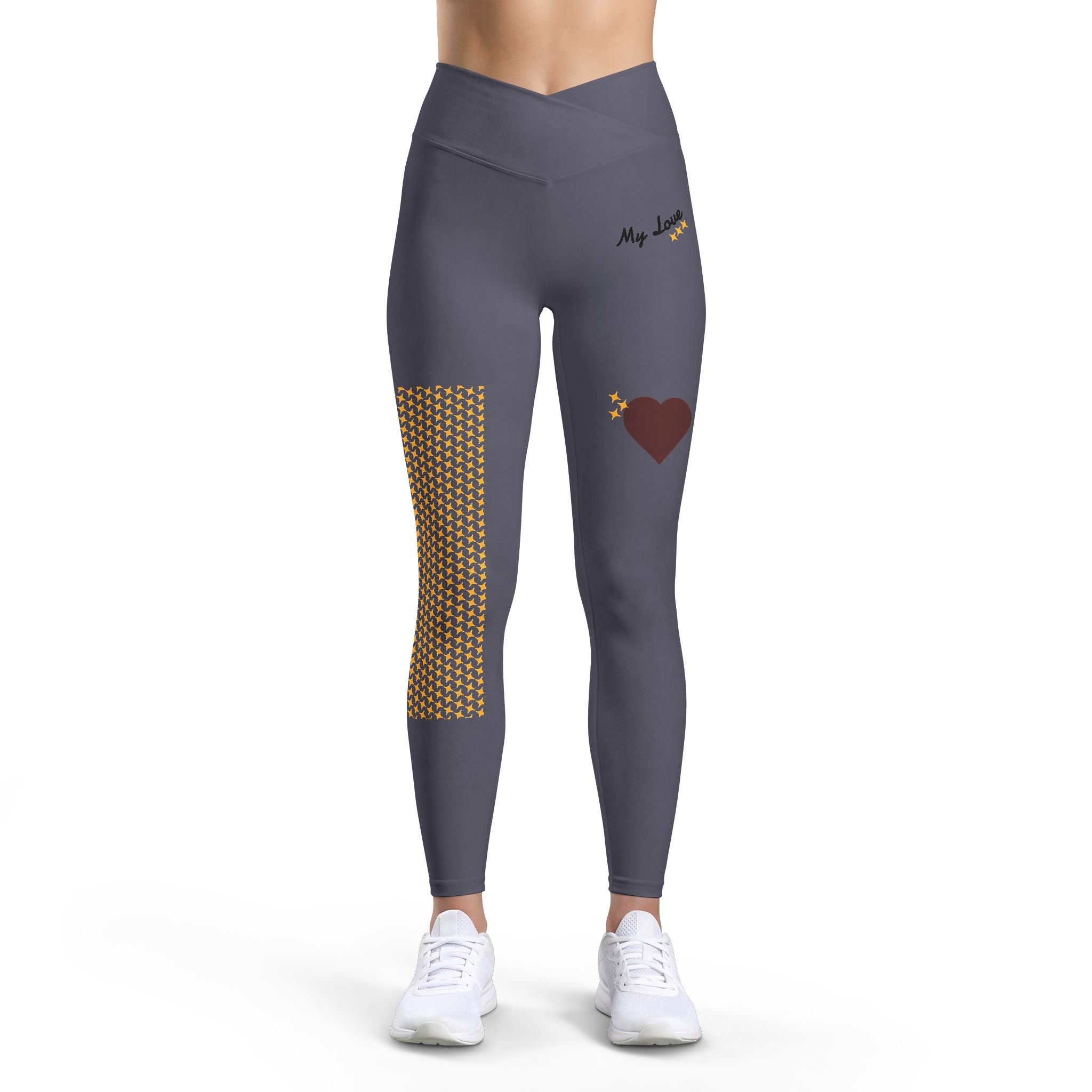 Heart Patch Pattern Leggings | Grey leggings with brown heart and honeycomb panel