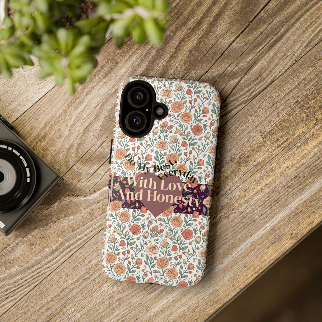 With Love And Honesty phone case | floral rose pattern, heart banner