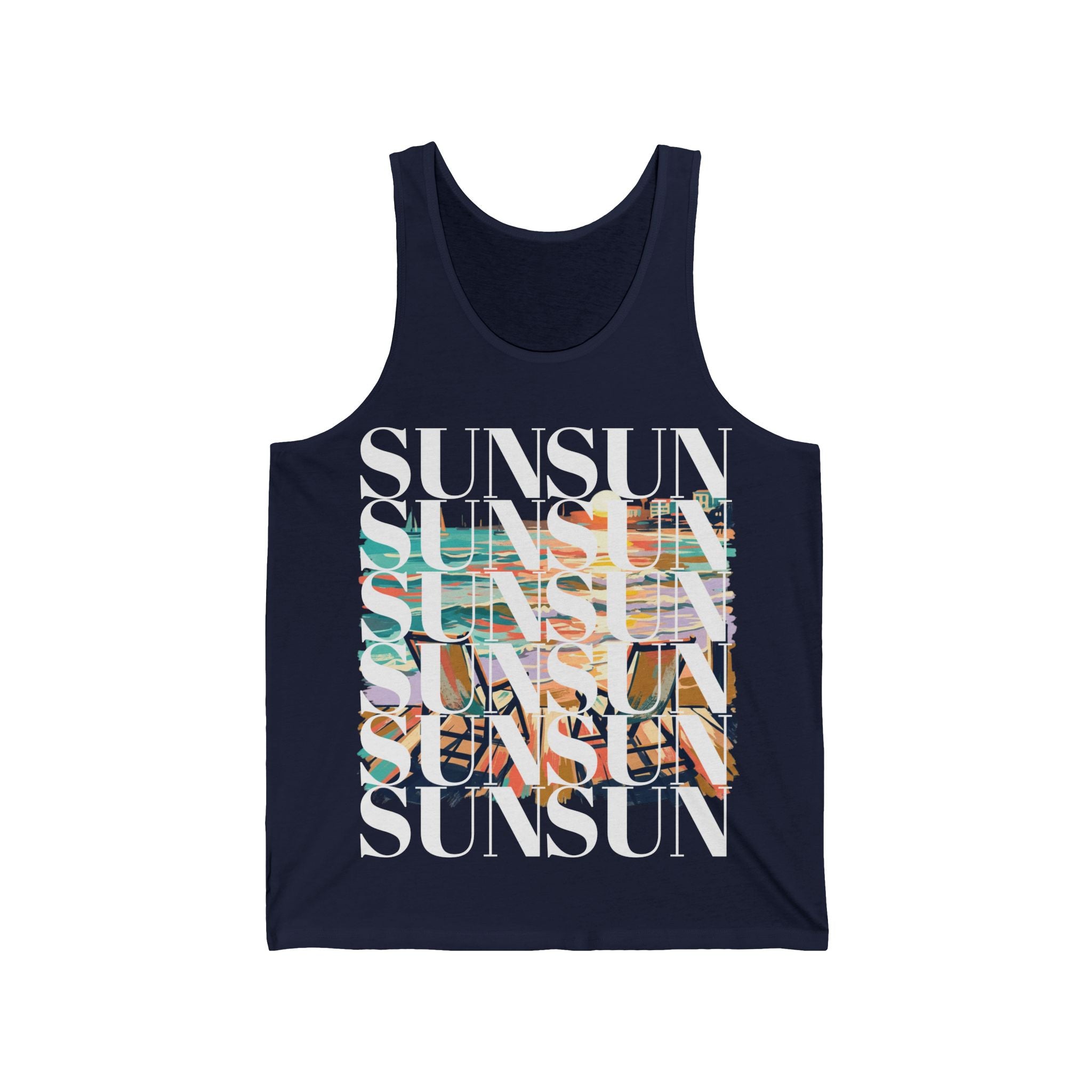 SUN SUN SUN stacked text sunset graphic Tank