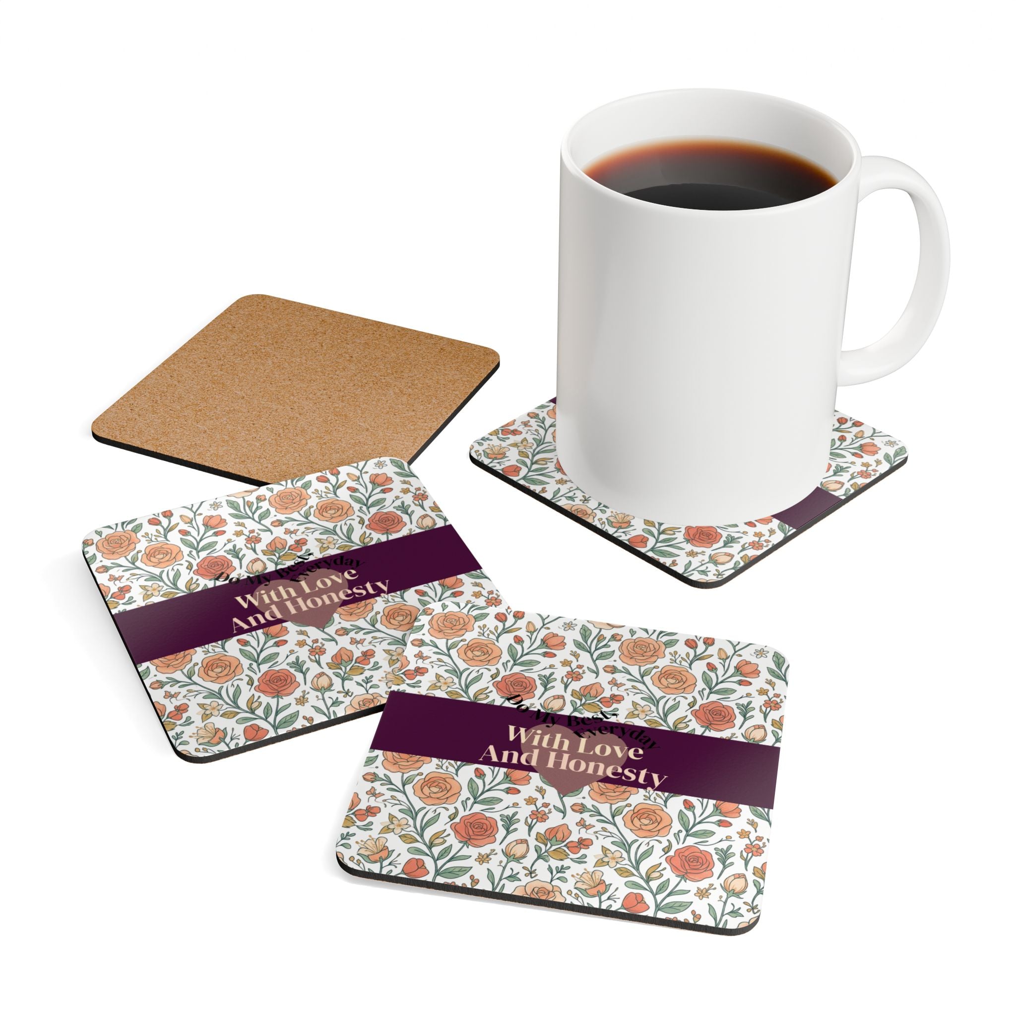 With Love And Honesty Floral Cork Coaster Set | Rose Pattern, Cute Drink Coasters