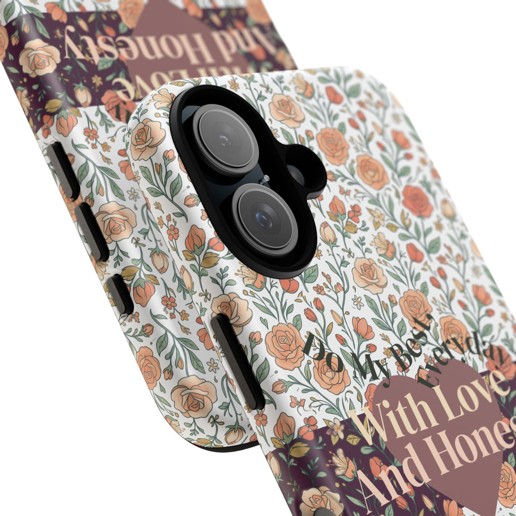 With Love And Honesty phone case | floral rose pattern, heart banner