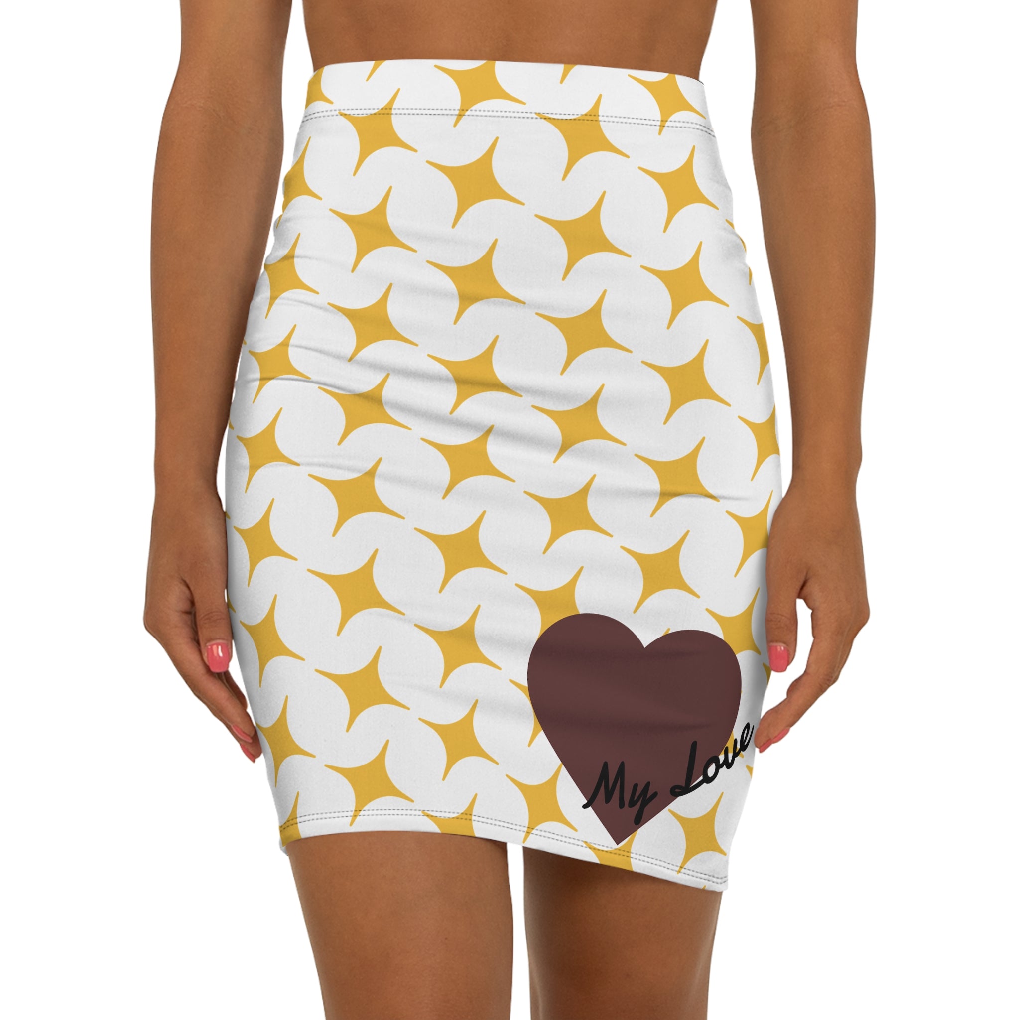 Yellow Stars  Heart Accent My Love Pattern Pencil Skirt