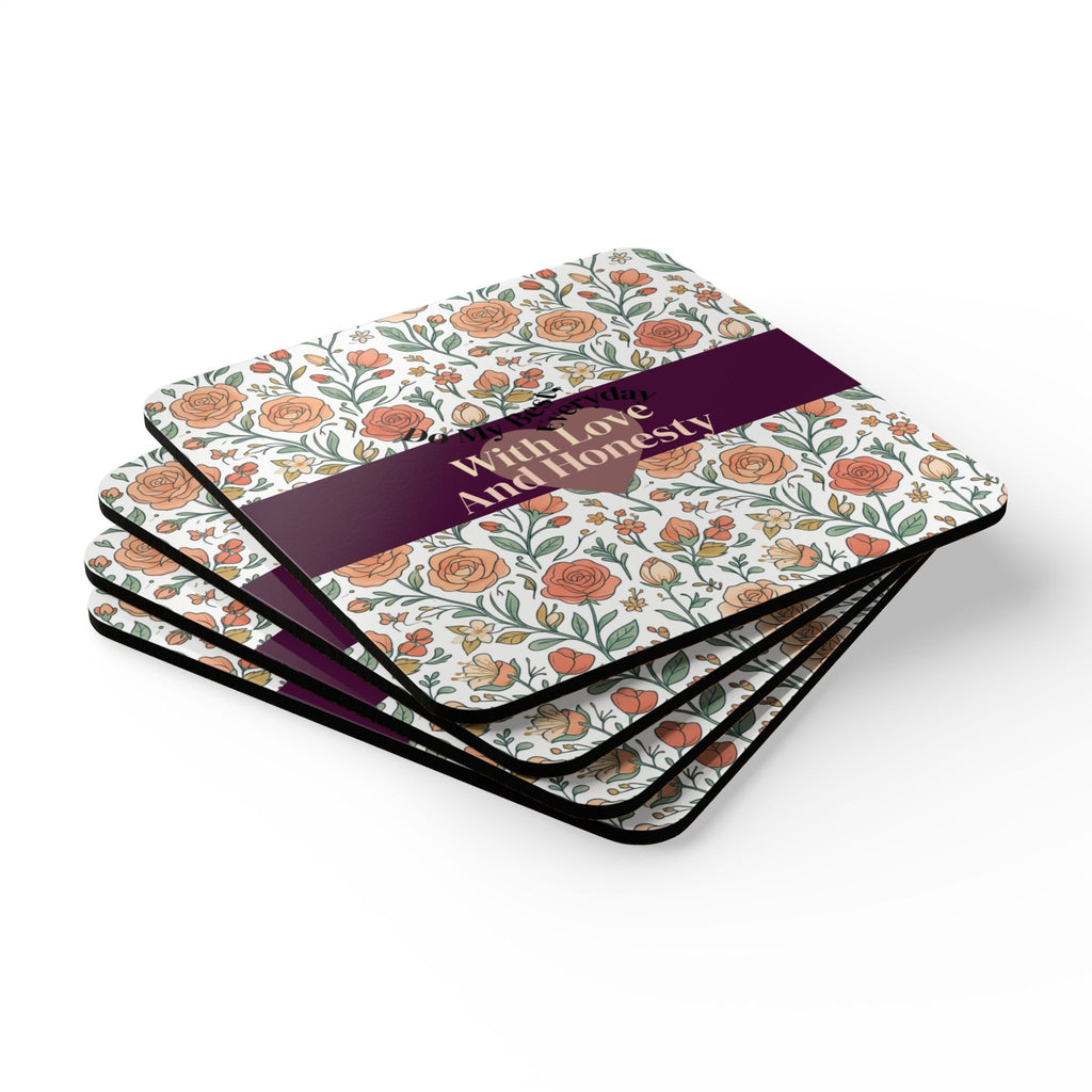With Love And Honesty Floral Cork Coaster Set | Rose Pattern, Cute Drink Coasters