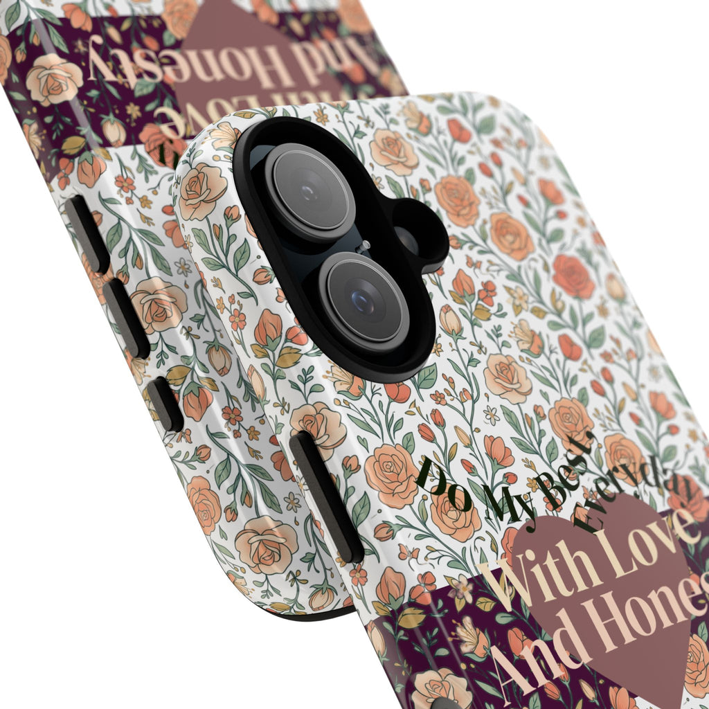 With Love And Honesty phone case | floral rose pattern, heart banner