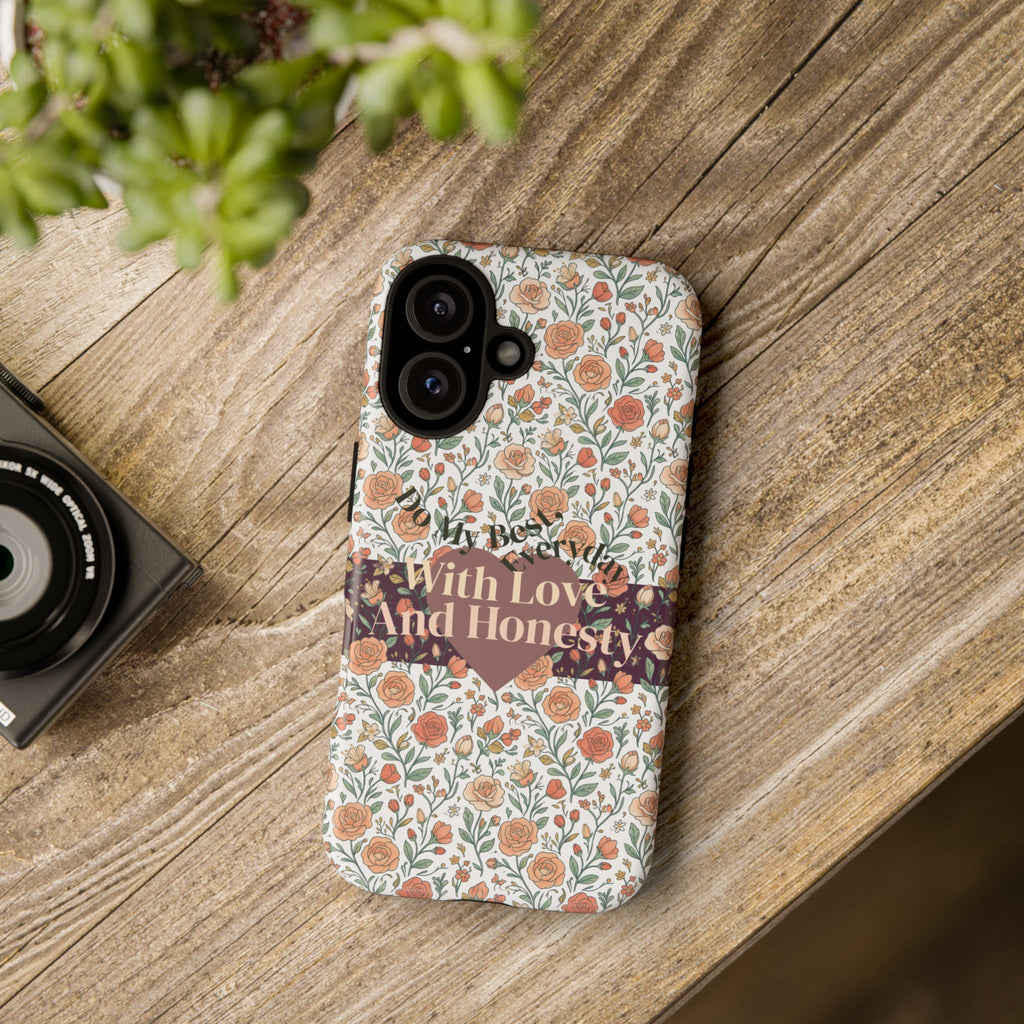 With Love And Honesty phone case | floral rose pattern, heart banner