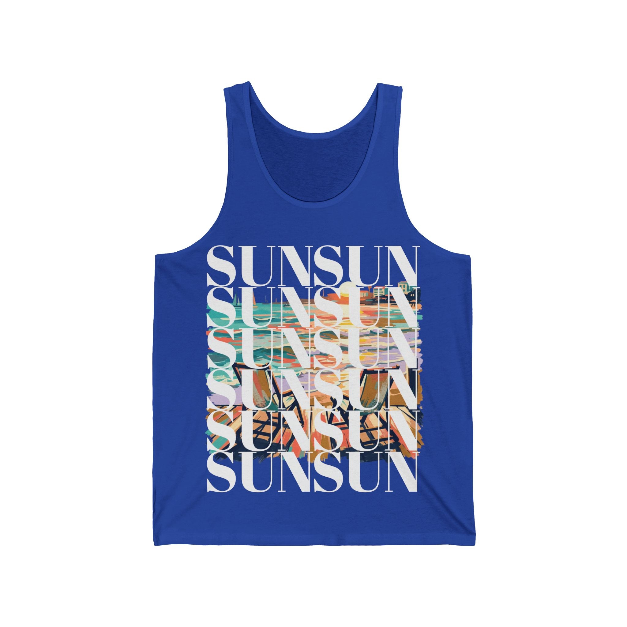 SUN SUN SUN stacked text sunset graphic Tank