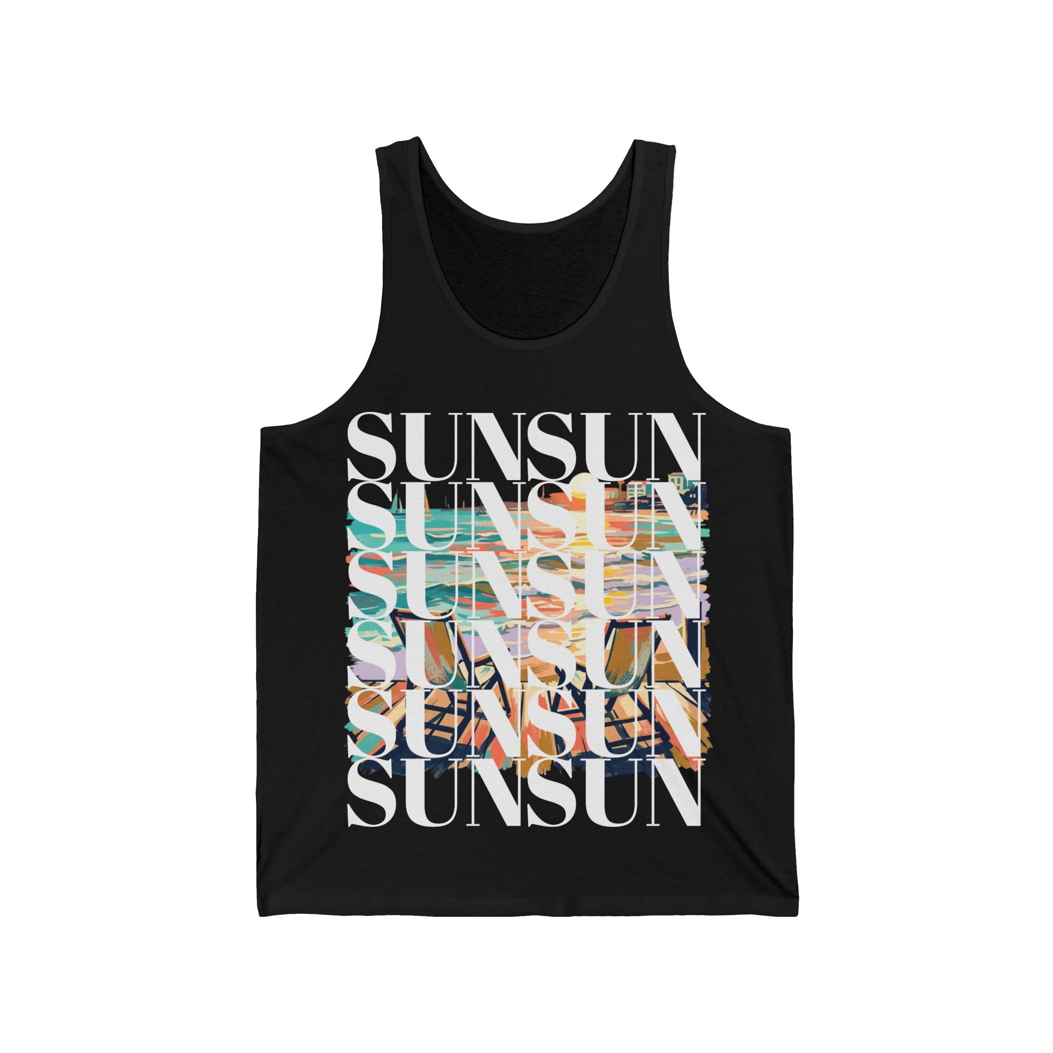 SUN SUN SUN stacked text sunset graphic Tank