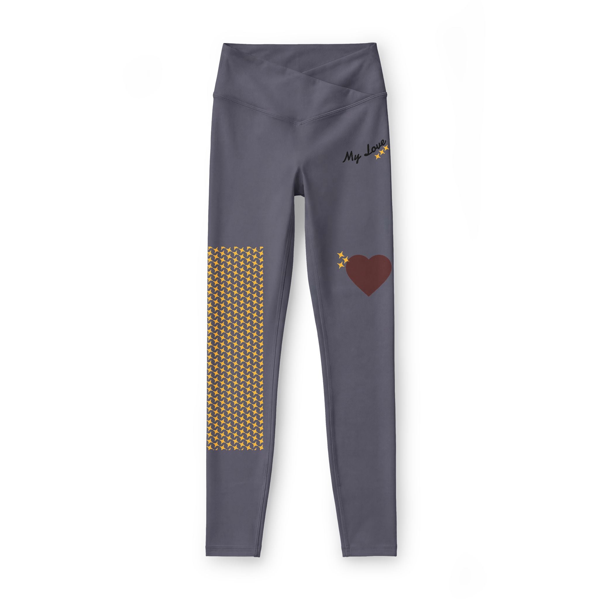 Heart Patch Pattern Leggings | Grey leggings with brown heart and honeycomb panel