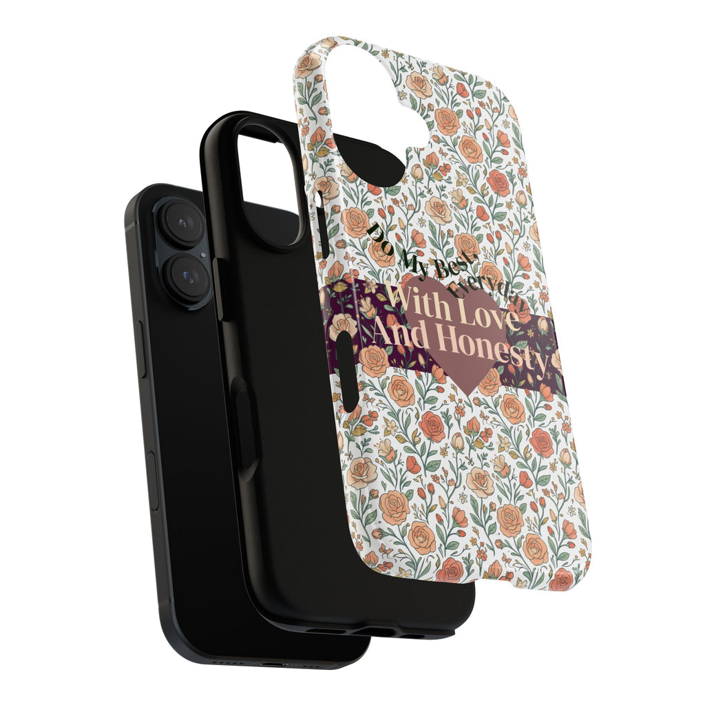 With Love And Honesty phone case | floral rose pattern, heart banner