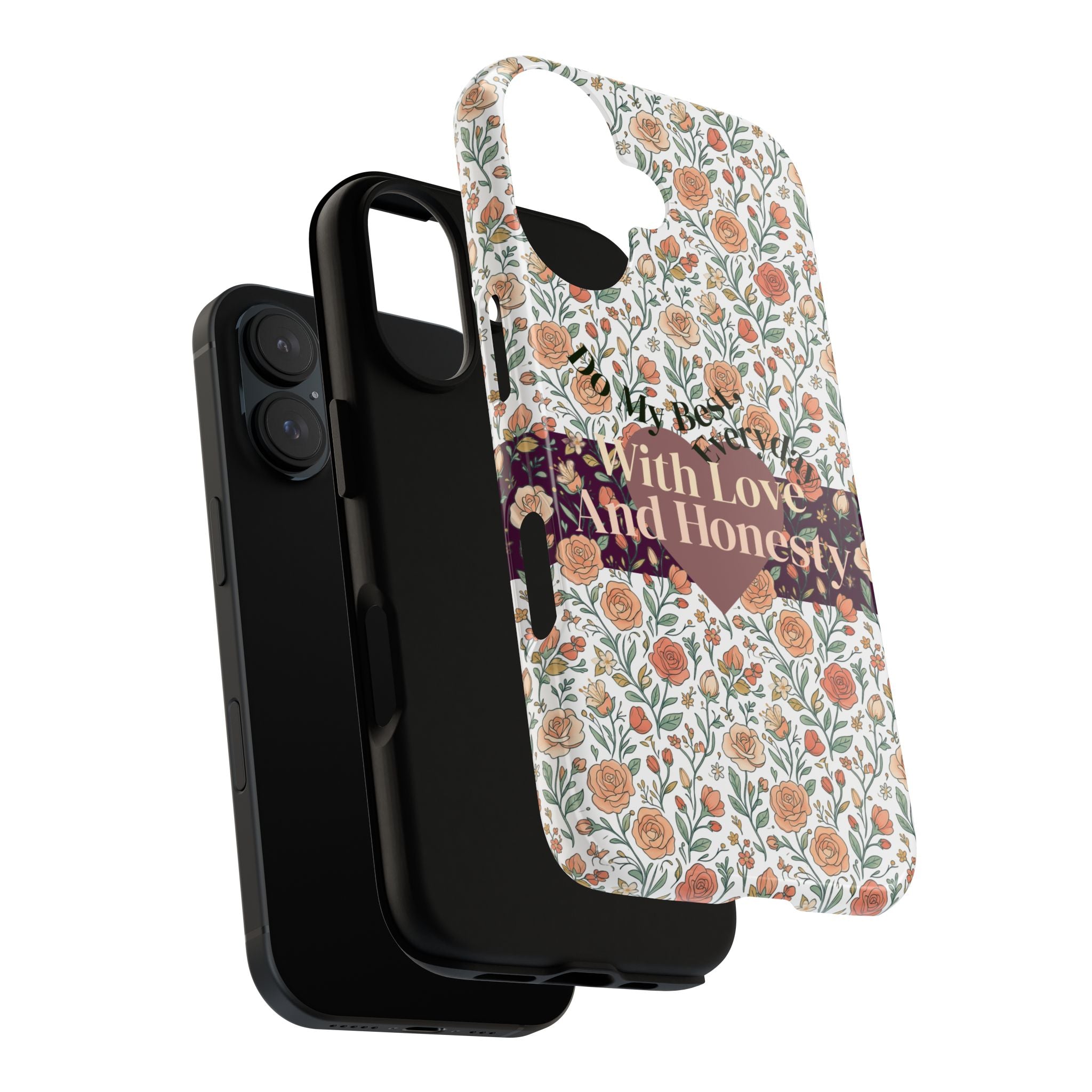With Love And Honesty phone case | floral rose pattern, heart banner